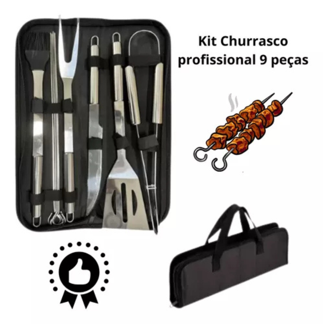 Kit Churrasco De Luxo 9 Peças Inox Profissional C/ Maleta